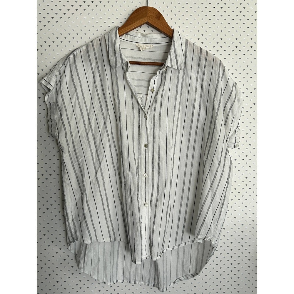 Eileen Fisher Organic Cotton Tencel Striped Boxy Shirt L PL Petite Lagenlook - Picture 2 of 6
